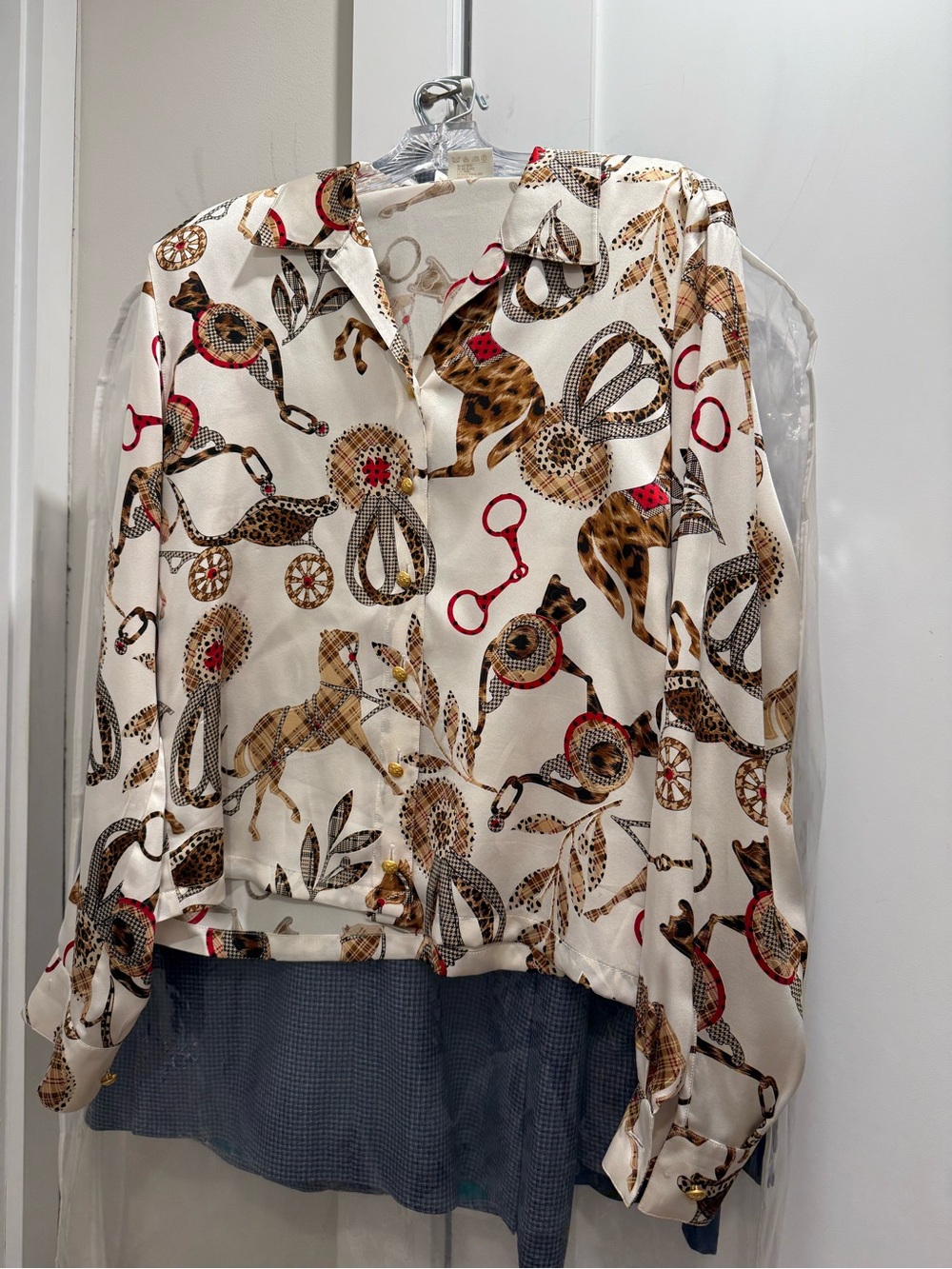 Escada Cream Satin Equestrian Print Button-Up Blouse Matching Scarf Sz 40 German